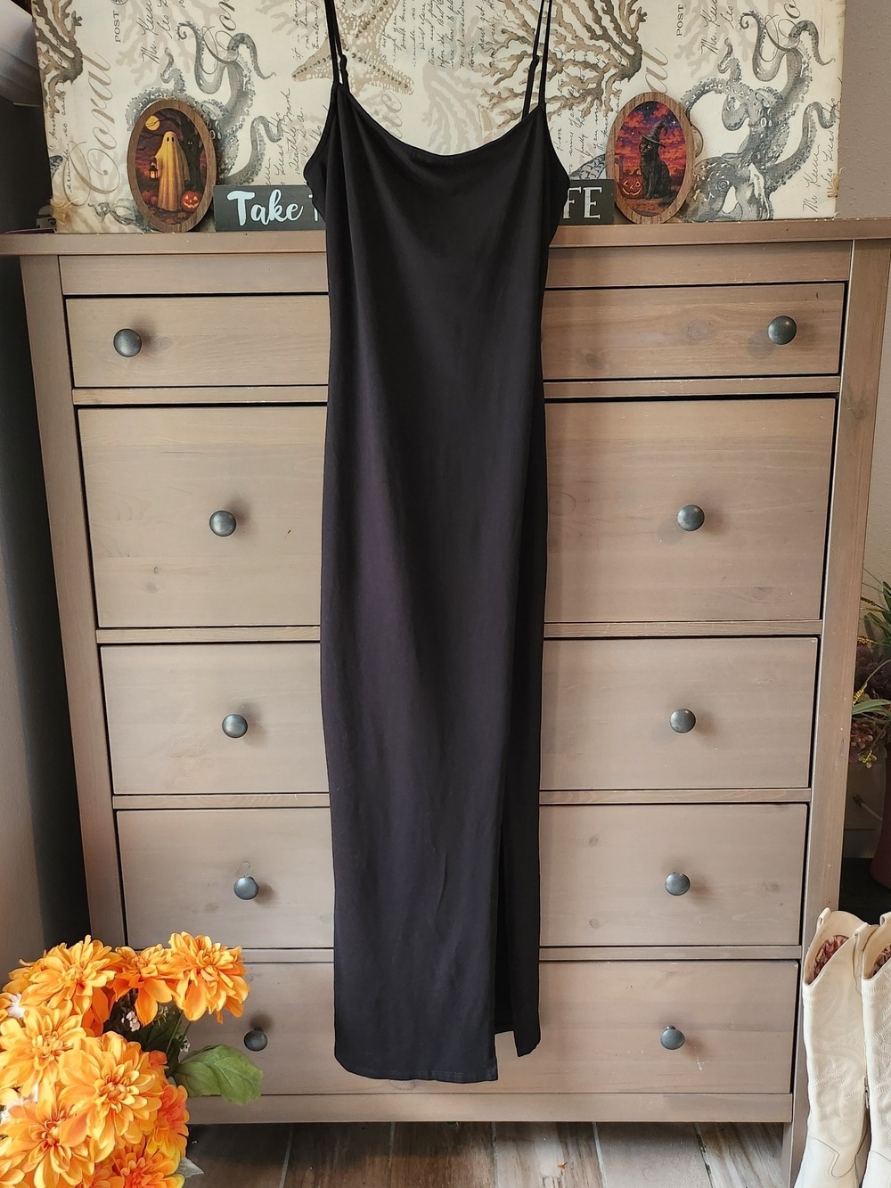 Black Slip Maxi Dress with Spaghetti Straps